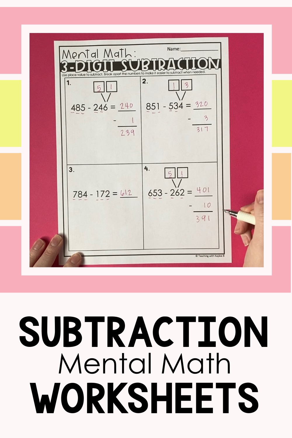 Subtraction Mental Math Worksheets